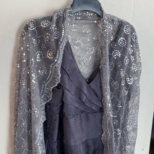 Mother of the…dress. Classic charcoal with flattering lines. Sequined wrap.